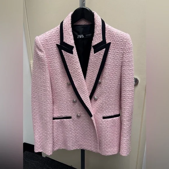 Zara Womens Pink Black Details Tweed Blazer Jacket Size L - Picture 2 of 4